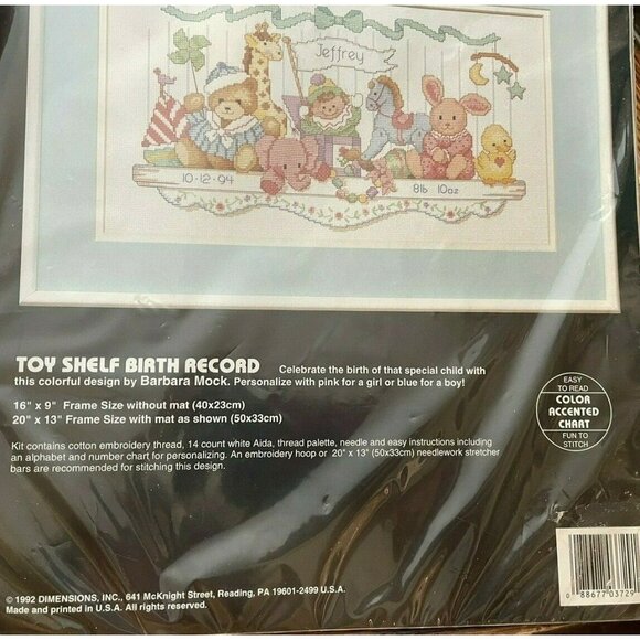 Cross Stitch Kit Dimensions Toy Shelf Birth Record 3729 Counted 16x9 Vintage USA - Picture 5 of 7